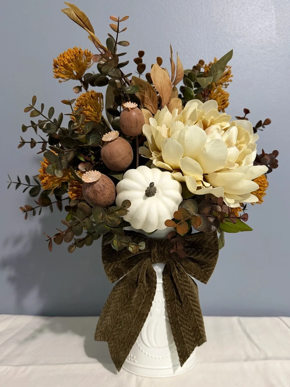 Cream and Brown Autumn Floral Arrangement with White Pumpkin